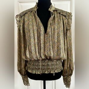 Elan Gold Ruffled Smocked Blouse with Mandarin Collar, Medium